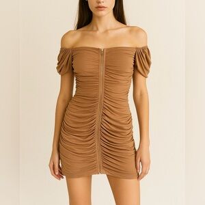 Bodycon Mini Dress Beige Tan Stretch Evening Party holiday sz L